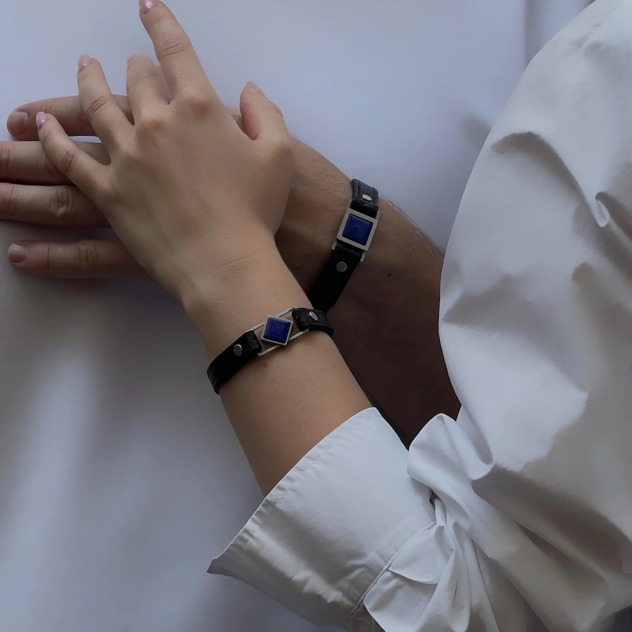 Matching couple bracelets with lapis lazuli stones — Core & Path design representing deep connection and inner spirit