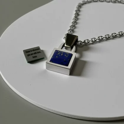 Men’s square pendant with Lapis Lazuli and engraved personal message inside