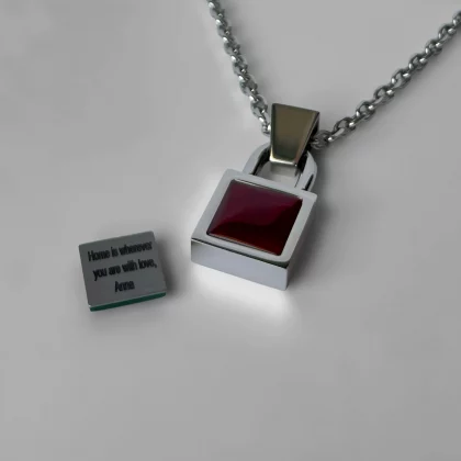 Men’s square pendant Lock of Courage with natural Red Agate insert and engraved personal message on the back