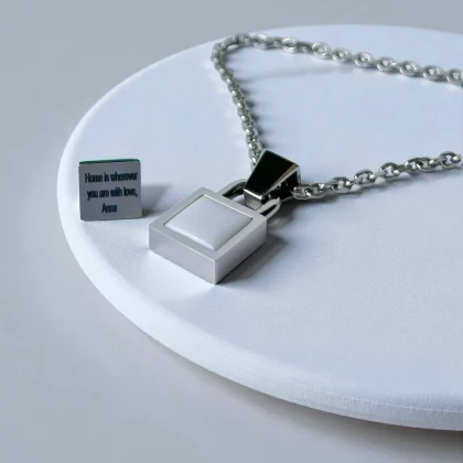 Men’s pendant with custom engraved message on White Agate