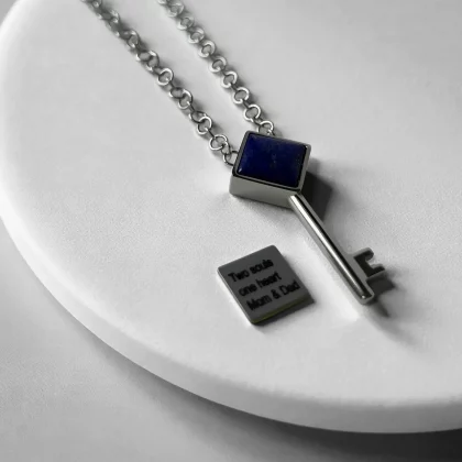 Women’s pendant “Key of Intuition” with natural Lapis Lazuli and custom laser-engraved message