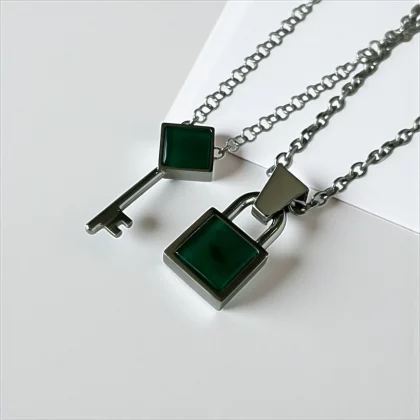 Jewel Cocktail Key & Lock pendants with green agate stones – set for couples