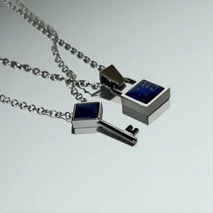 Key & Lock couple pendants with natural lapis lazuli stones – symbolic jewelry for two