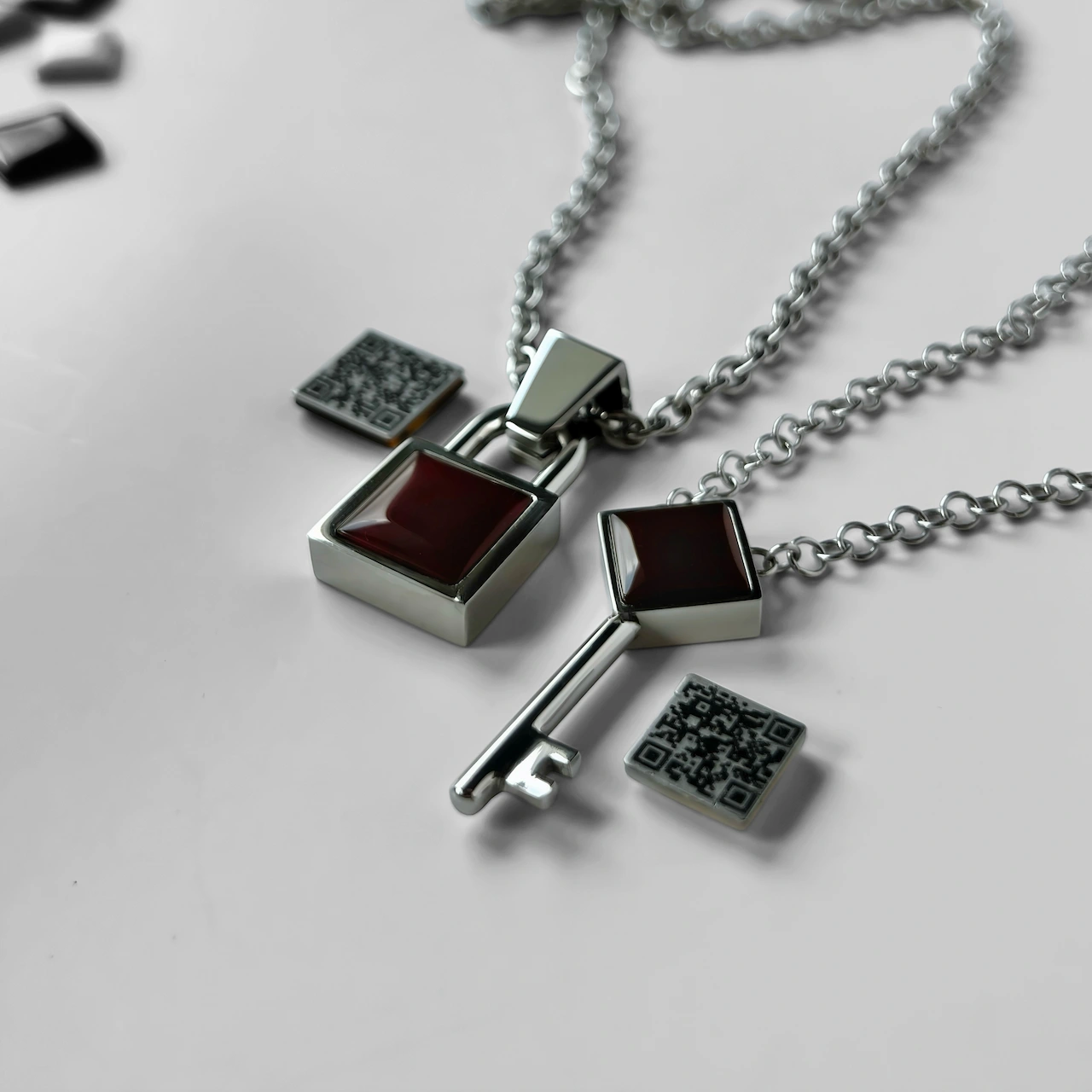 Key & Lock pendants with QR-code inserts – red agate set