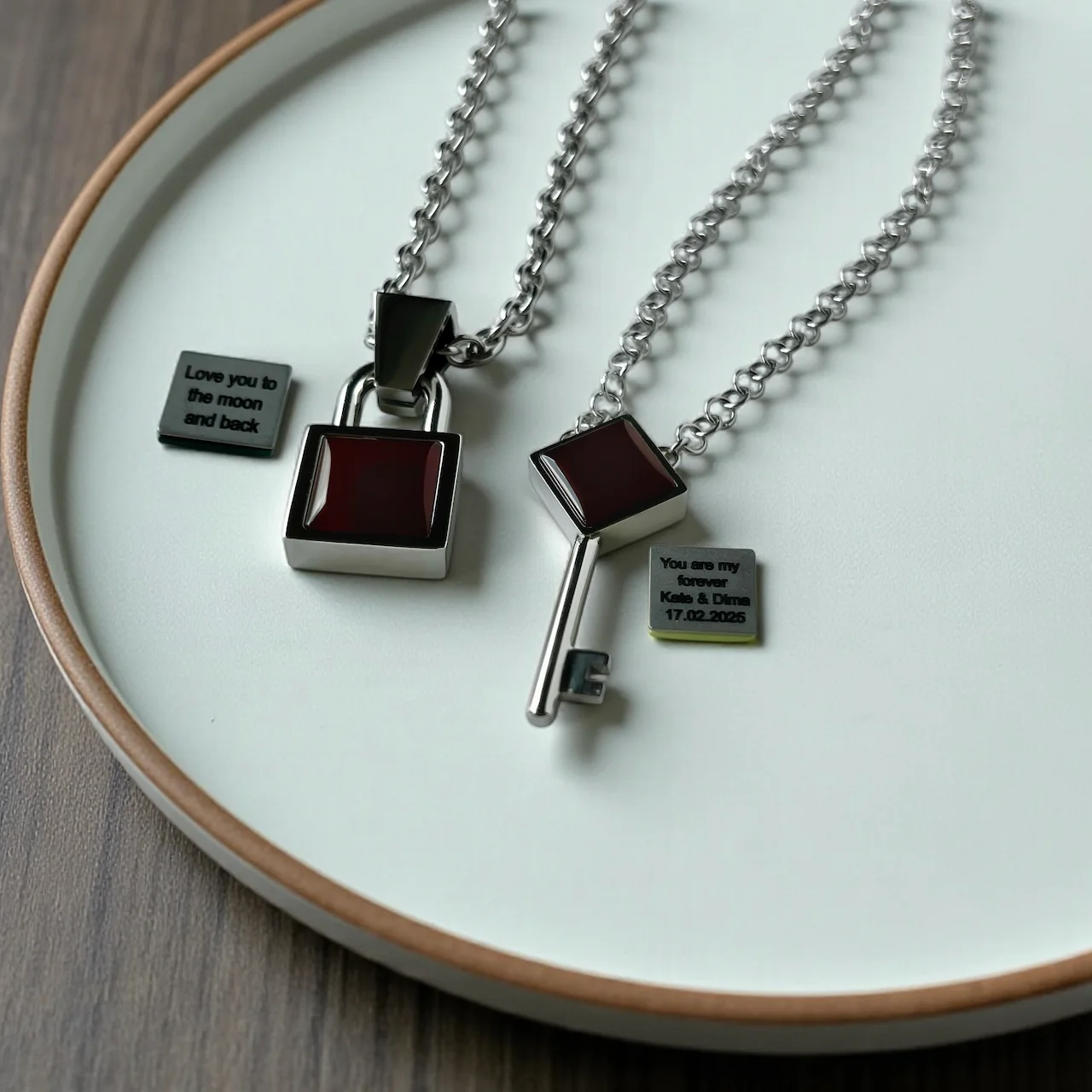 Key & Lock pendants with custom engraving – red agate set for couples