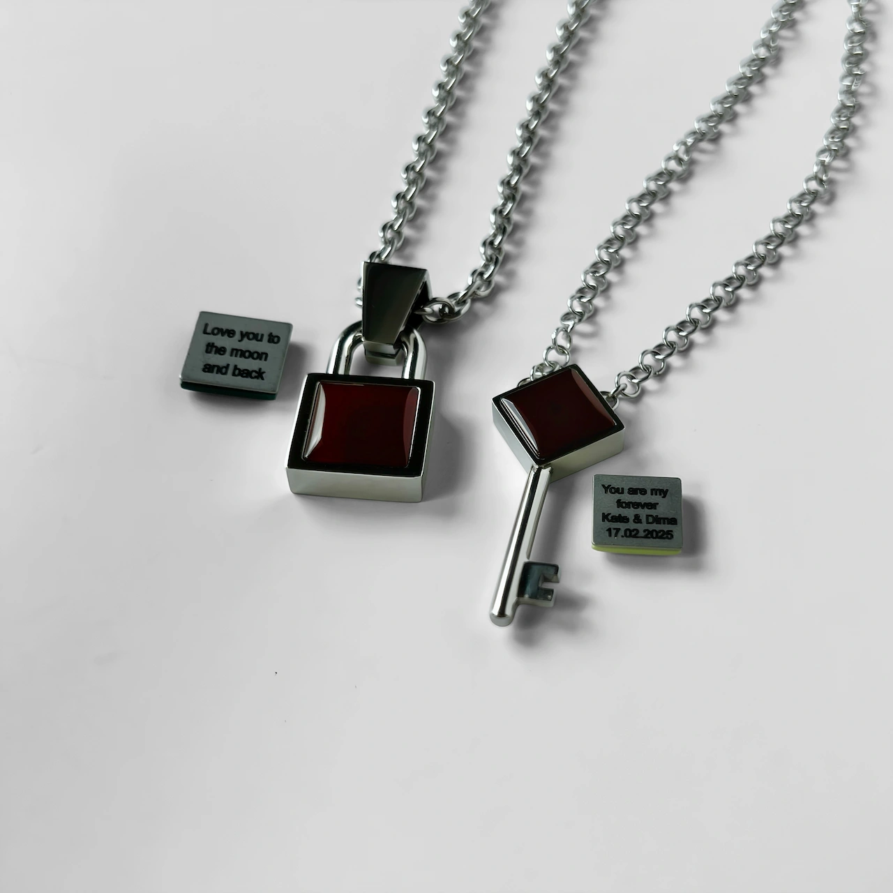 Couple pendant set with red agate stones – Key & Lock by Jewel Cocktail