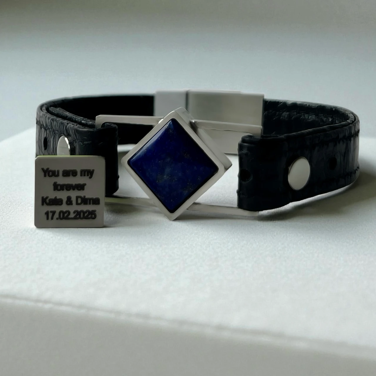 Path of Intuition bracelet with deep blue Lapis Lazuli and custom engraving