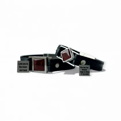 Red agate couple bracelets with personal engraving – Fire & Rose set by Jewel Cocktail