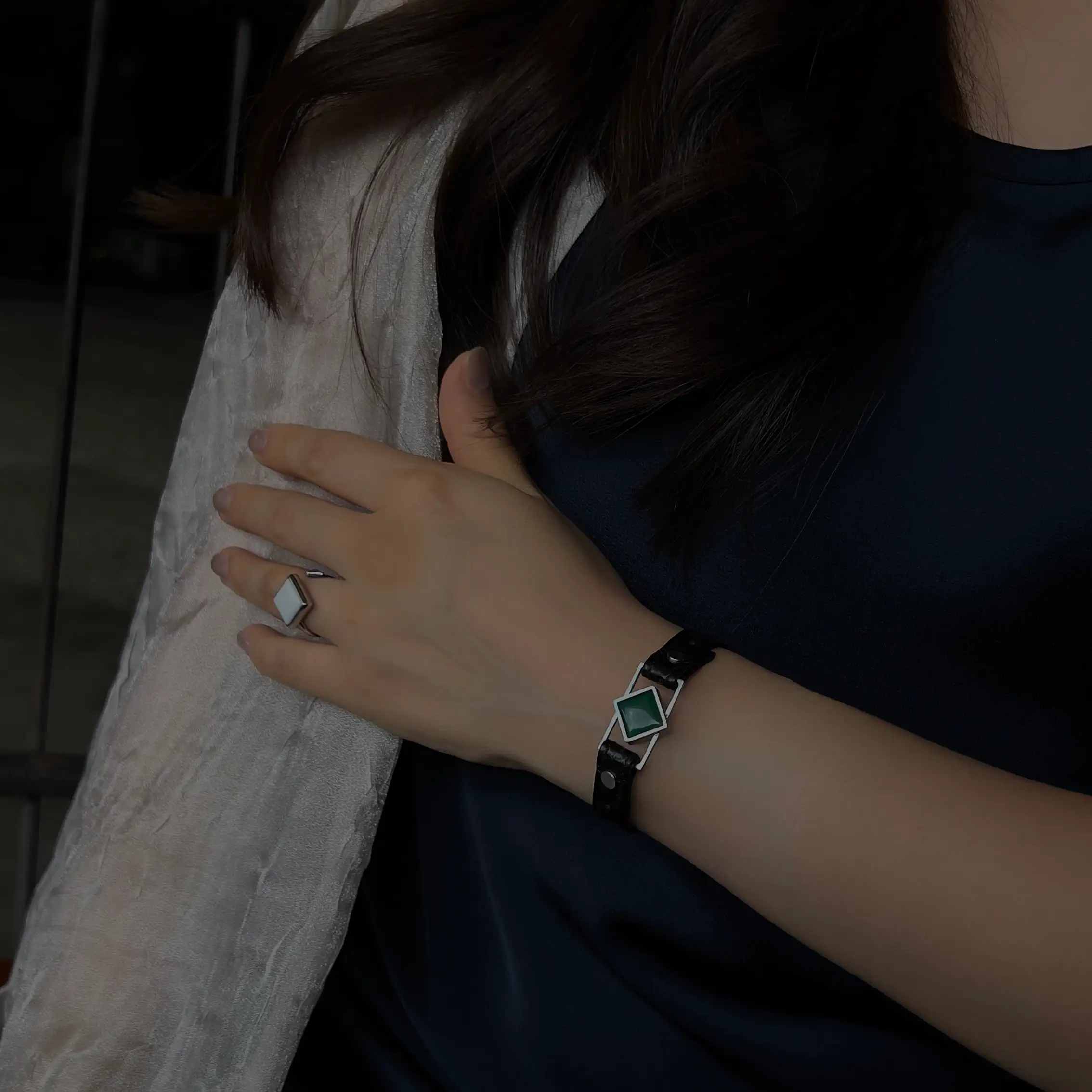 Green Agate bracelet from Jewel Cocktail on model's wrist – Path collection