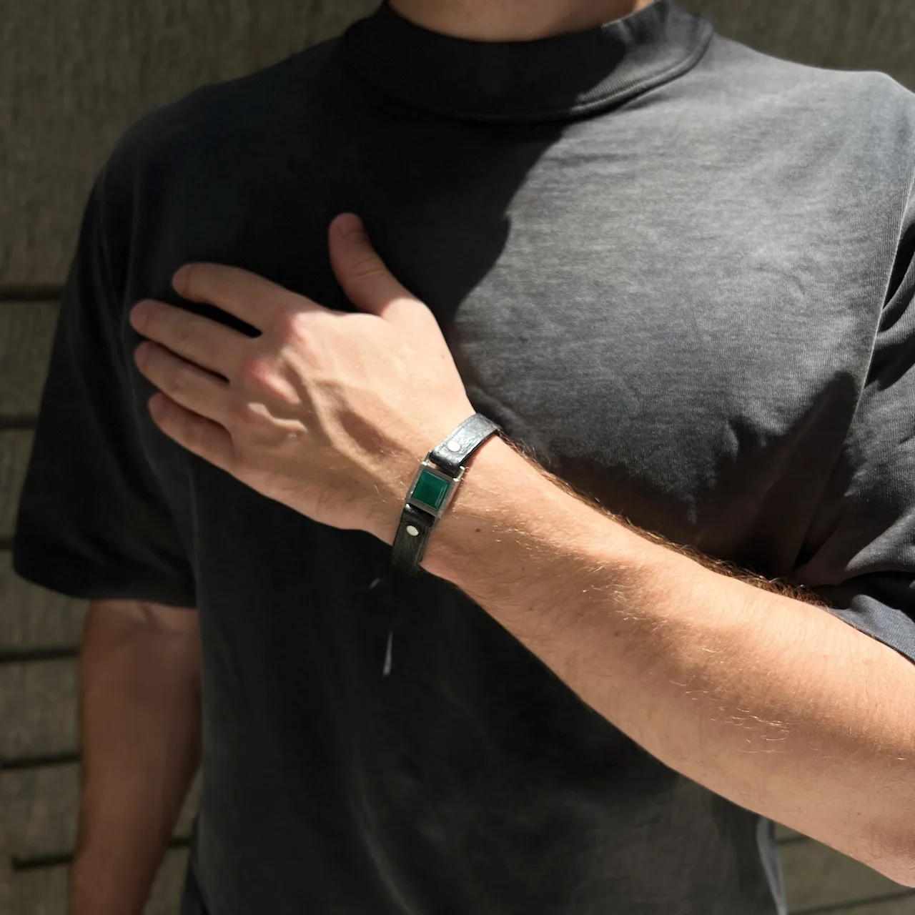 Close-up of men’s Core bracelet with natural Green Agate stone and hidden message inside