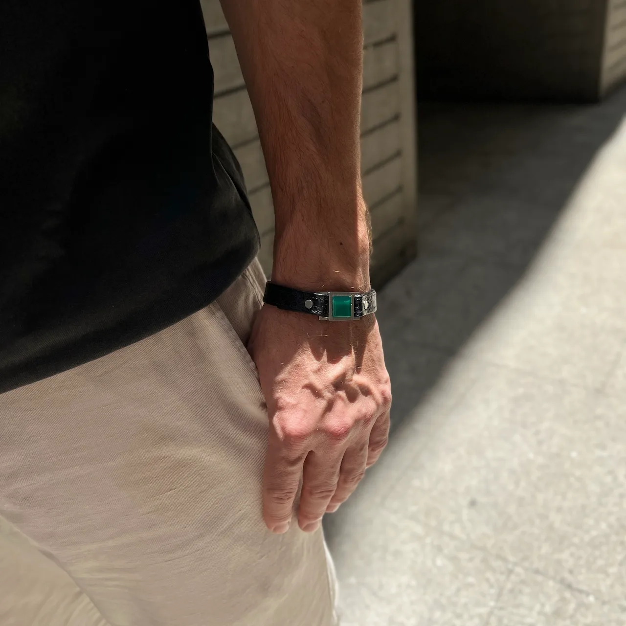 Male model wearing Core bracelet with natural Green Agate stone by Jewel Cocktail